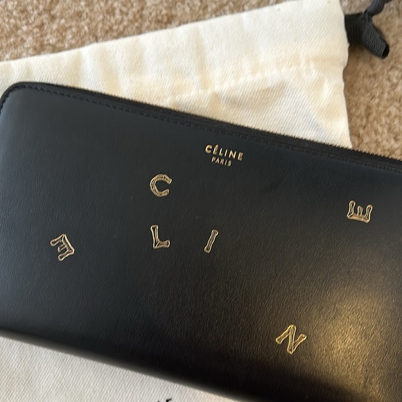 old Celine black leather long wallet